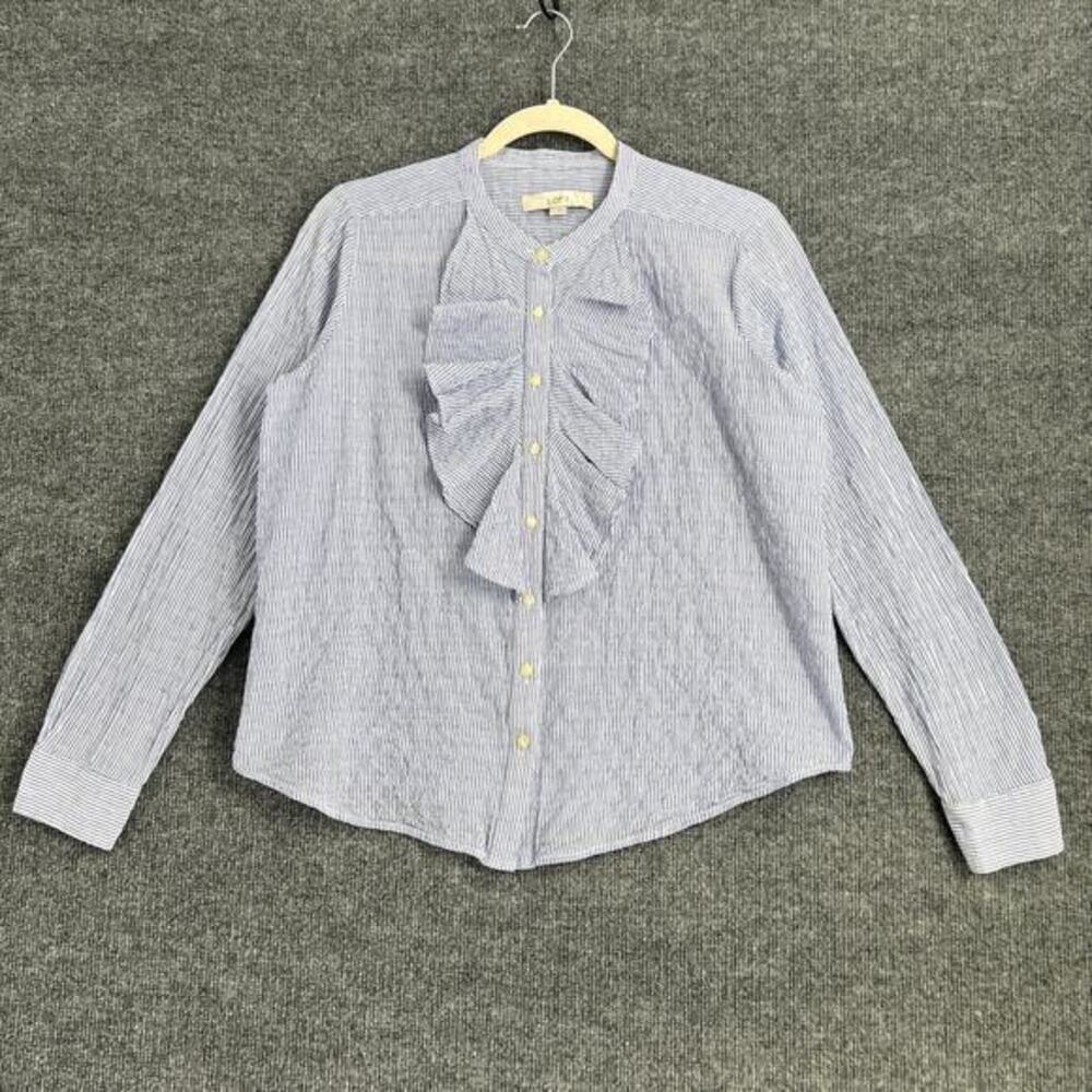 Ann Taylor LOFT Womens Ruffled Placket Button Up Shirt Size S Blue White Gauzy